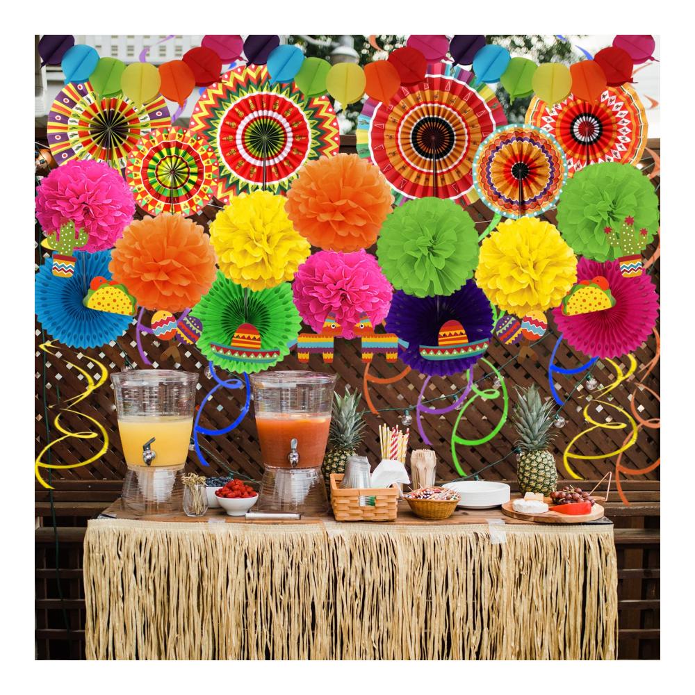 Fiesta Deluxe 100-teiliges Partyzubehörset & Dekoration für Mexikanische Cinco De Mayo Taco Mottoparty Geburtstagsfeier - Inklusive farbenfroher Papierfächer Pom Poms und Girlanden. Perfekte Urlaubsparty Dekorationen für eine unvergessliche Feier