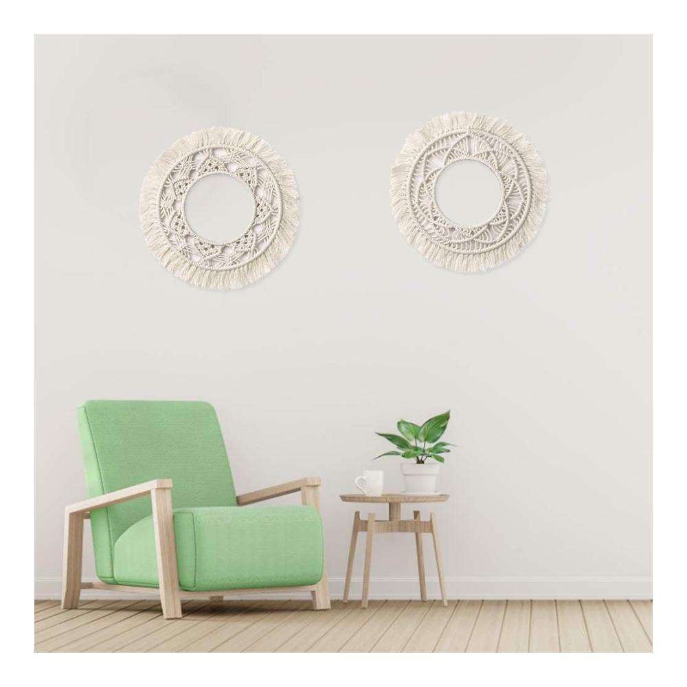 Boho-Chic Makramee Wandspiegel Rahmen - Handgefertigter Runder Dekor-Rahmen für Zuhause - Hängende Wanddekoration ohne Spiegel - Stilvolle Böhmische Akzente (Typ B