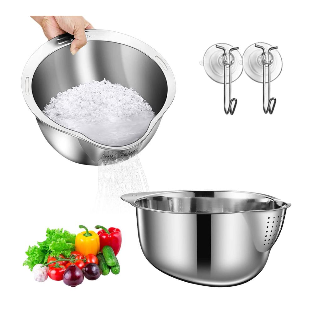 Edelstahl Reis Waschschüssel mit Seitenabfluss | Multifunktionales Sieb für Obst Gemüse & Bohnen | Küchenwerkzeug aus rostfreiem Stahl | Silber