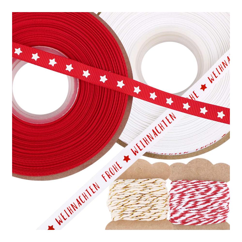 Verleihen Sie Ihrem Festglanz mit 4 Stilen 56.4m Weihnachts-Geschenkband-Set! Weihnachtsbänder Schleifenband Dekoband & Baumwollschnur in Rot Weiß & Gold für DIY Basteln & Handwerk. Frohe Weihnachten