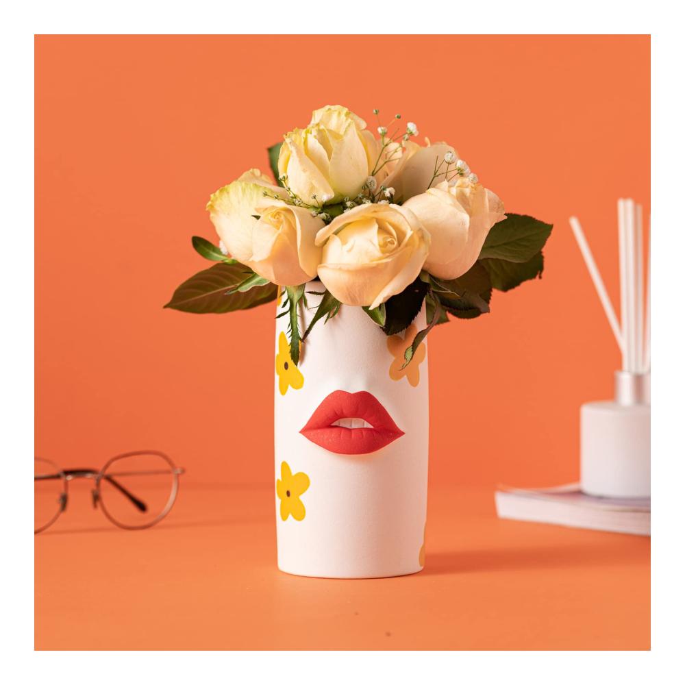 Boho Chic Große Keramikvase für Pampasgras & Blumen - Wohnaccessoire in Mattweiß für Wohnzimmer & Büro - Dekorative Blumenvase für Frische & Trockenblumen - Modernes Design - Gelb - Groß