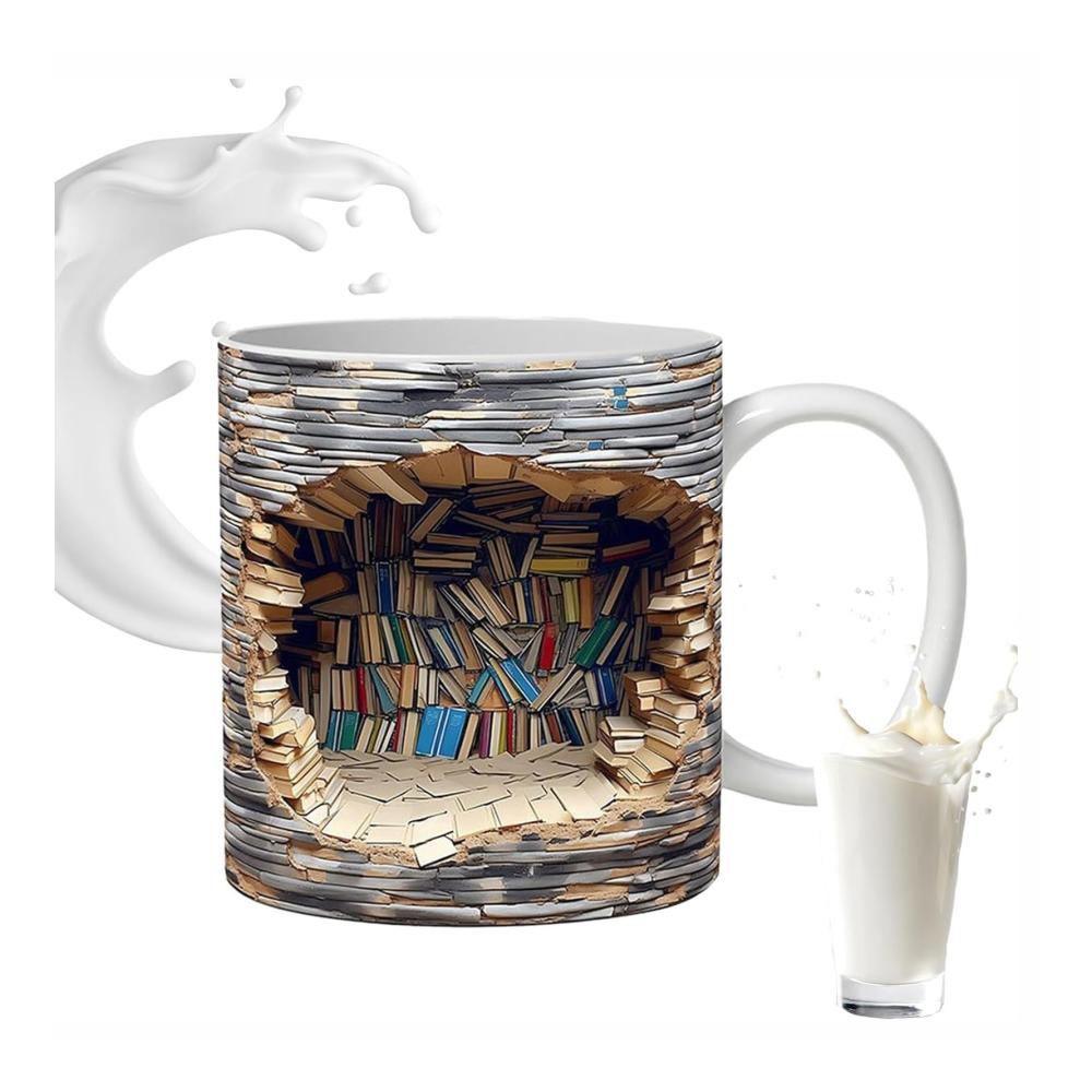 Buchliebhaber Kaffeetasse | 325ml Keramikbecher mit 3D-Buchregal-Design | Tasse für Leseratten und Buchwürmer | Ideal für Buchclubs und Lesungen | Tolles Geschenk für Bücherfans