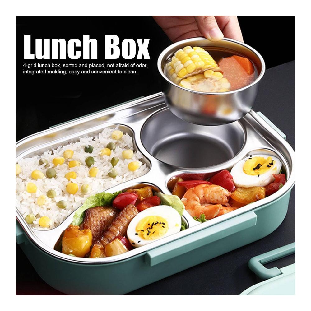 Entdecken Sie die Innovation Premium Edelstahl Bento Boxen Set mit Auslaufschutz | Inklusive Löffel und Essstäbchen | Tragbare Lunchbox für Schüler und Erwachsene | 4-Gitter Design mit Tropfsuppenschüssel für ultimative Mahlzeitenvielfalt