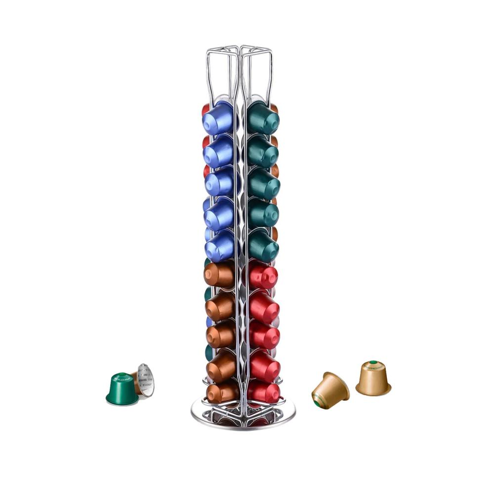 360° Drehbarer Kapselständer für Nespresso - Platzsparende Aufbewahrung für 40 Kaffeekapseln - Rostfreier Kapselhalter in Silber Chrom Design