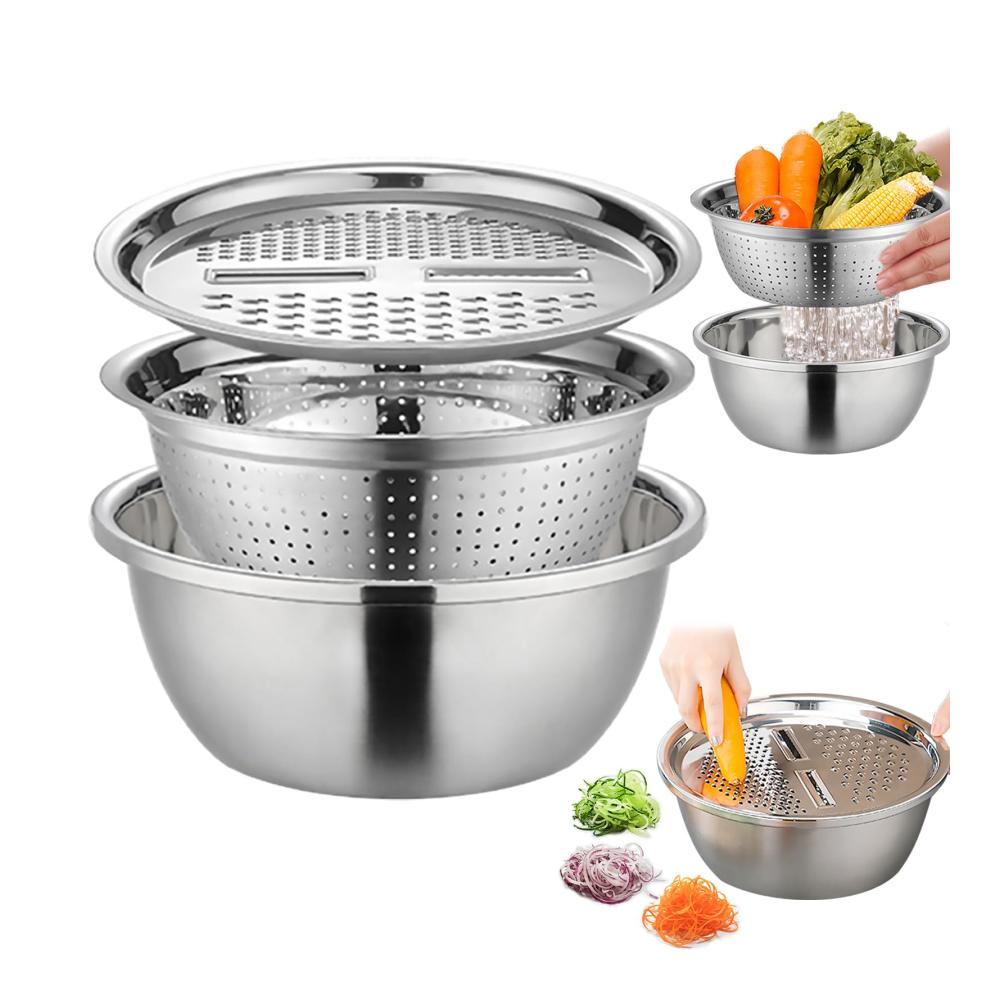 Multifunktionale Edelstahl Rührschüssel Set 7-in-1 Küchenhelfer inklusive Reiben und Behälter für schnelle Salatzubereitung