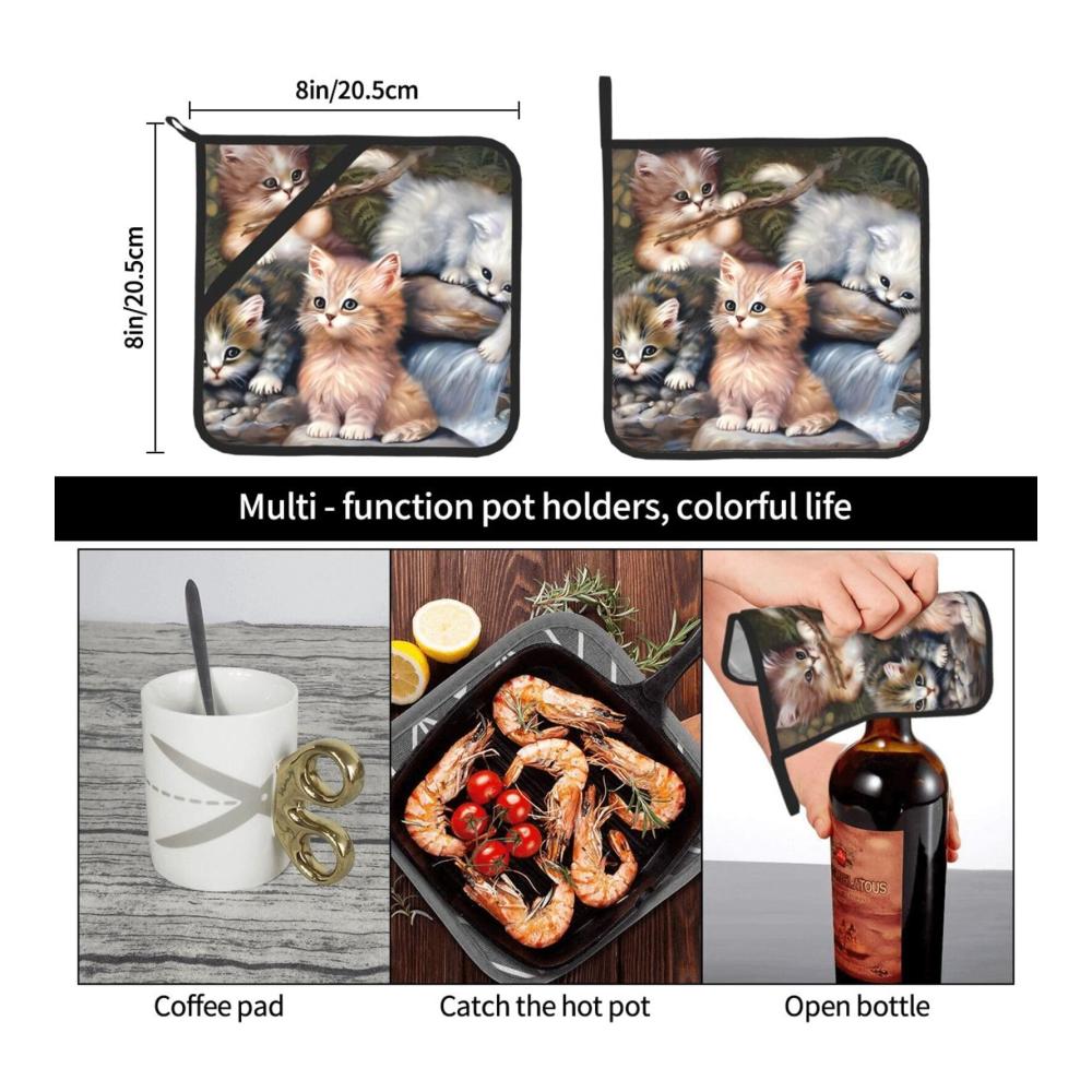 Niedliche Katzenmotiv Topflappen & Ofenhandschuhe Set - Hitzebeständig & Rutschfest für Küche Kochen Backen & Grillen - Praktische Taschen - 2 Stück