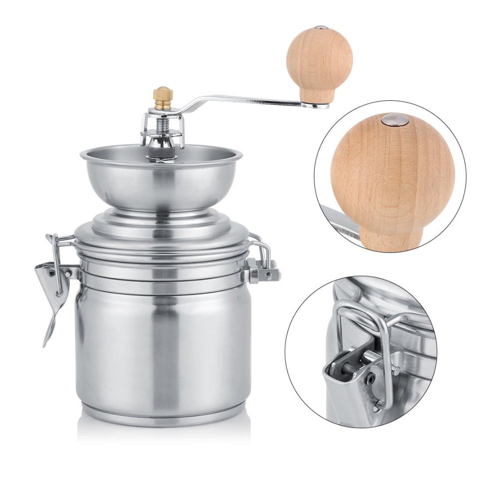 Manuelle Kaffeemühle aus Edelstahl - Vielseitige Handkurbelmühle für Kaffee Gewürze & Nüsse Ideal für Büro & Café Robust & Tragbar Perfektes Barista-Tool in Silber