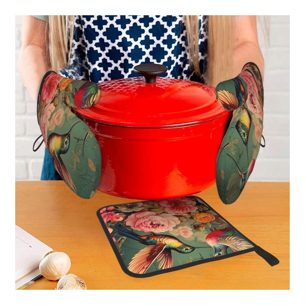 Retro Ofenhandschuhe im Vintage-Stil | Kolibri Rosen | Wasserdichtes Set mit 3 Ofenhandschuhen für Kochen Backen Grillen & mehr in der Küche & Mikrow