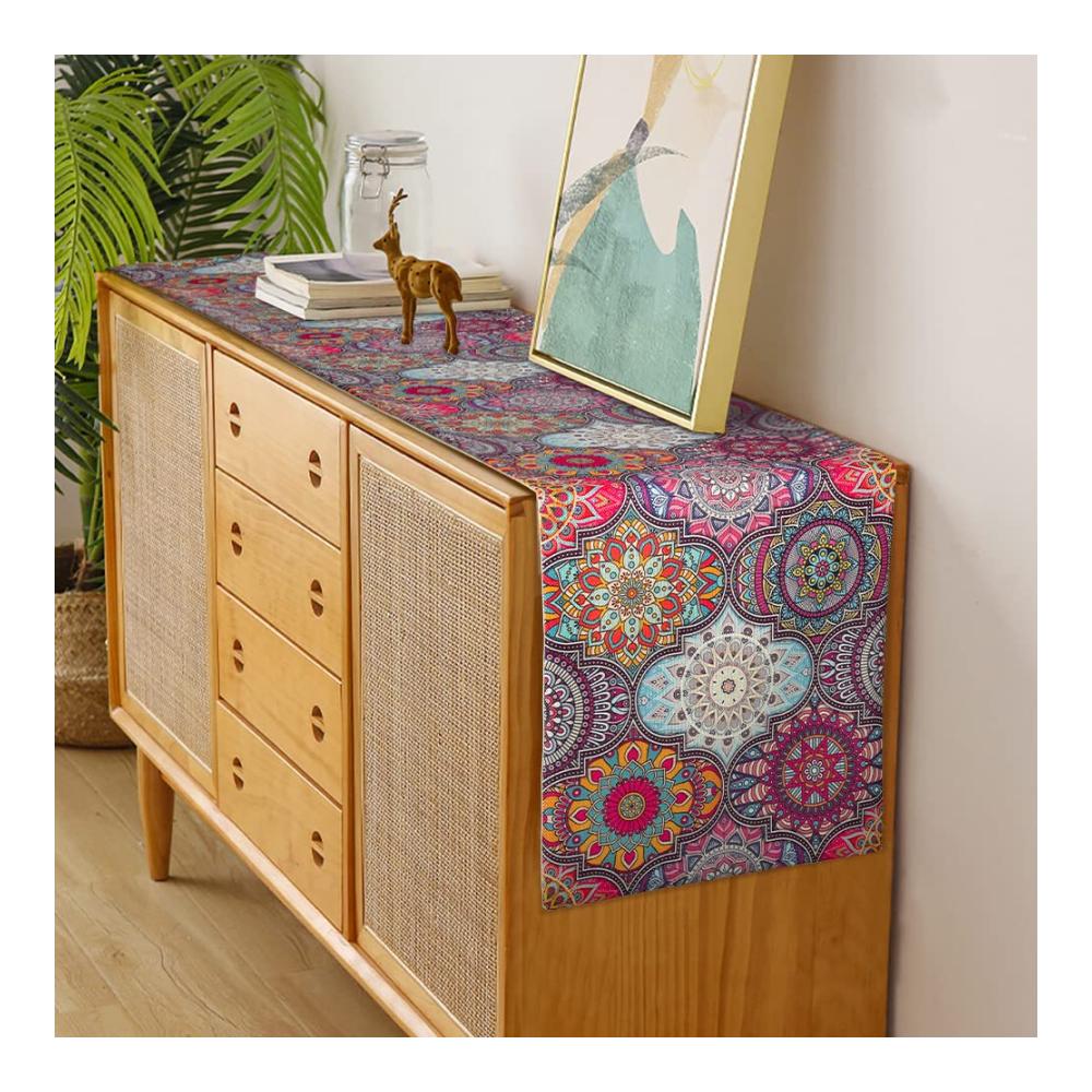 Boho Chic Exklusiver Leinen Tischläufer in Vintage-Optik - Bunter Hingucker für Tischdeko bei Hochzeit Party & Bankett - Marokkanisches Mandala Design - Ideales Geschenk für stilvolles Wohnambiente 33 x 183cm