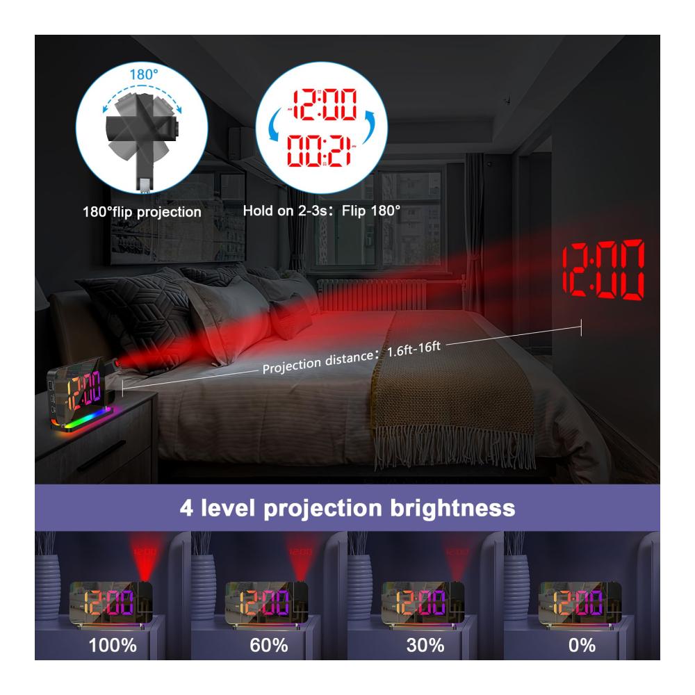 Hightech-Projektionswecker mit 180°-Projektion & 10-Farben-Nachtlicht | Digitale Uhr mit 7 RGB-LEDs | Snooze USB-Ladegerät |