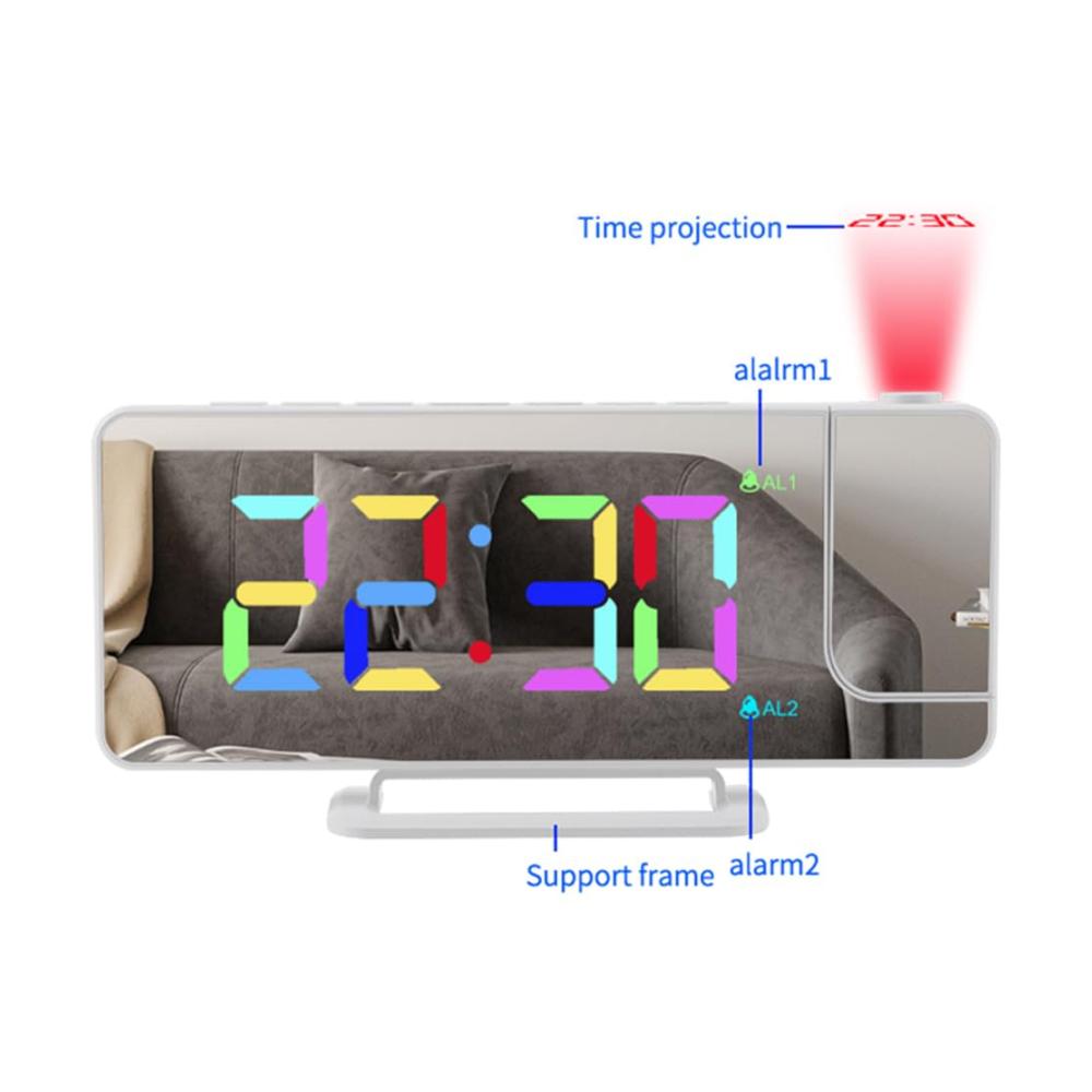Erweiterter Projektionswecker 18 cm (73 Zoll) LED-Spiegelbildschirm 180° drehbar USB-Port Schlummerfunktion 6 Helligkeitsstufen. Moderne Digitaluhr für den Nach