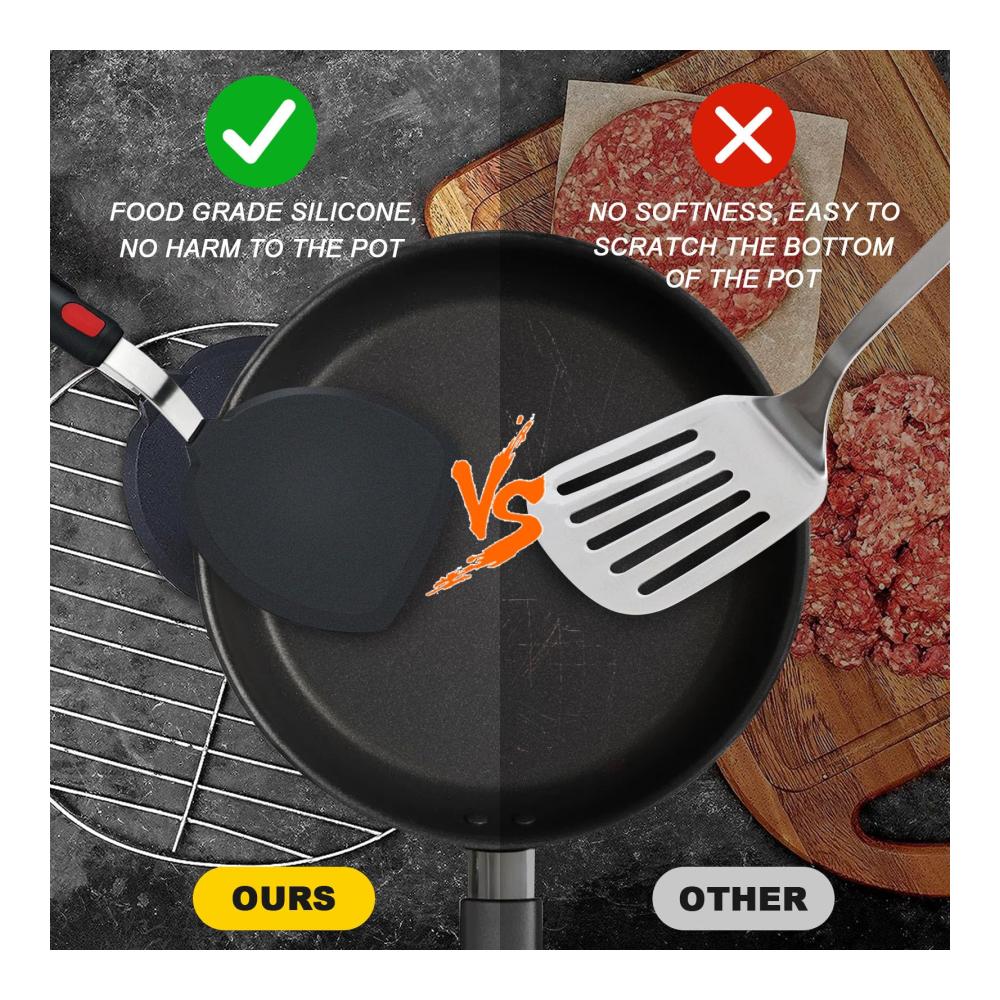 2er Set Premium Silikon Spachtel für perfekte Pfannengerichte - Ideal für Spiegeleier Pfannkuchen Fisch Burger-Patties und mehr (Schwarz) - Küchenh