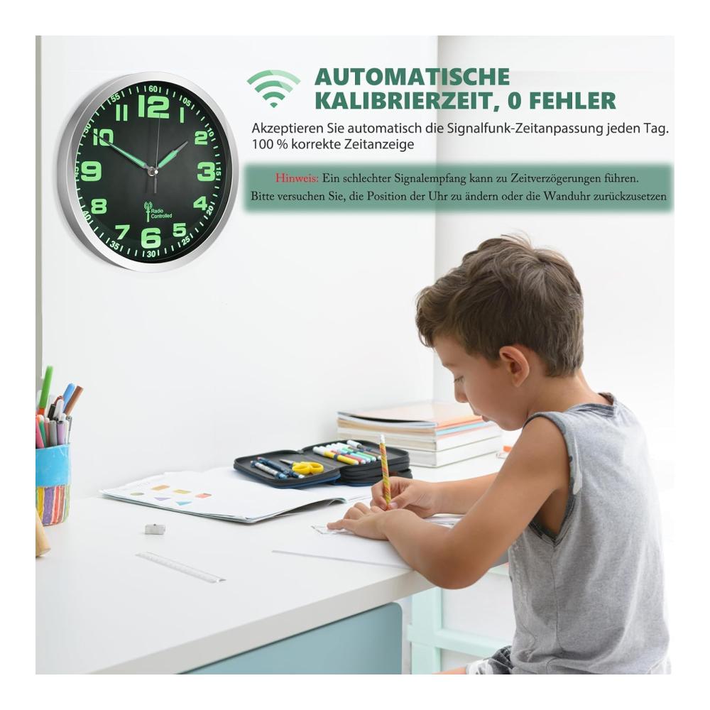 Moderne Funk-Wanduhr Geräuschlos leuchtend automatisch kalibriert - Ideal für Schlafzimmer Büro Küche & Wohnzimmer - 30