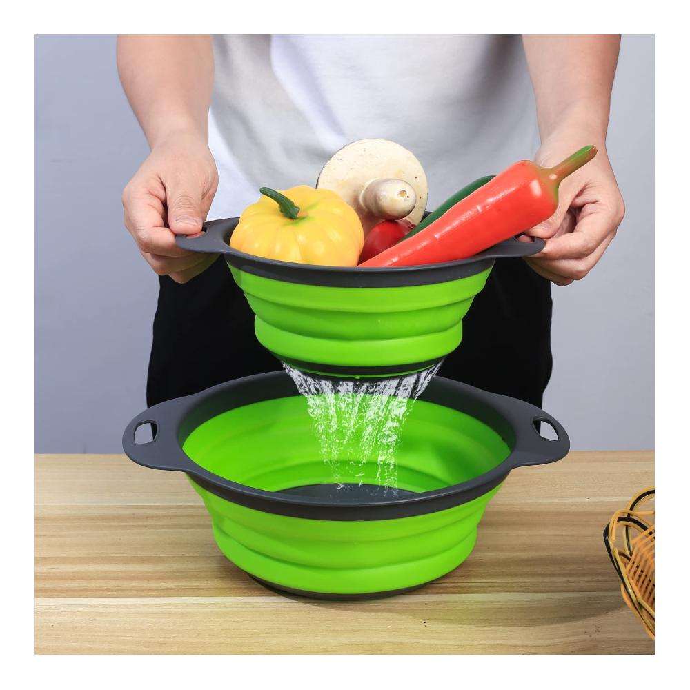 Küchenhelfer Deluxe Faltbare Siebe Set mit Griffen - 3-teiliges Silikon Abtropfsieb Trio für Nudeln Gemüse & Obst - Platzsparendes Klapp-Sieb-Set