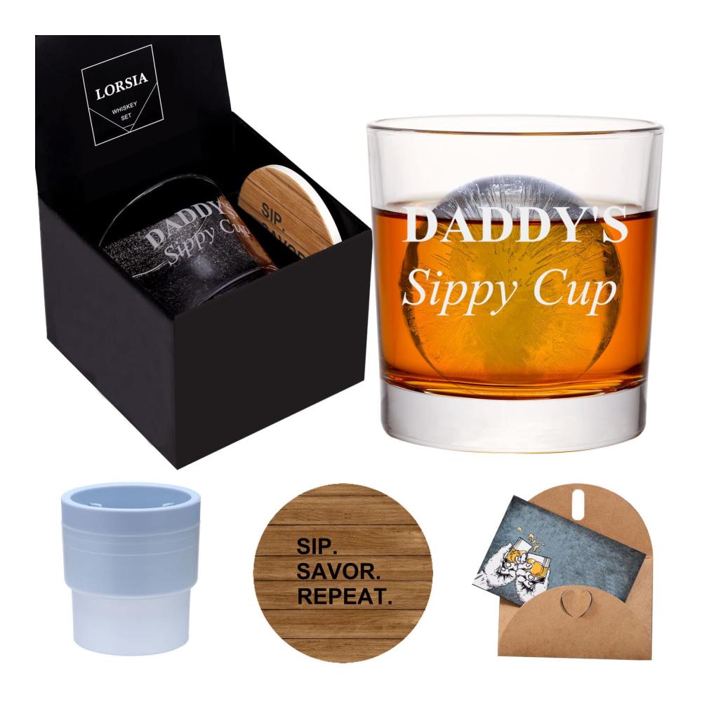 Papas Whiskey Oase - Whiskeyglas Set im Geschenkkarton | Lustige Geschenke für Vater Papa Ehemann | 300ml Gläser Eisballform Unt