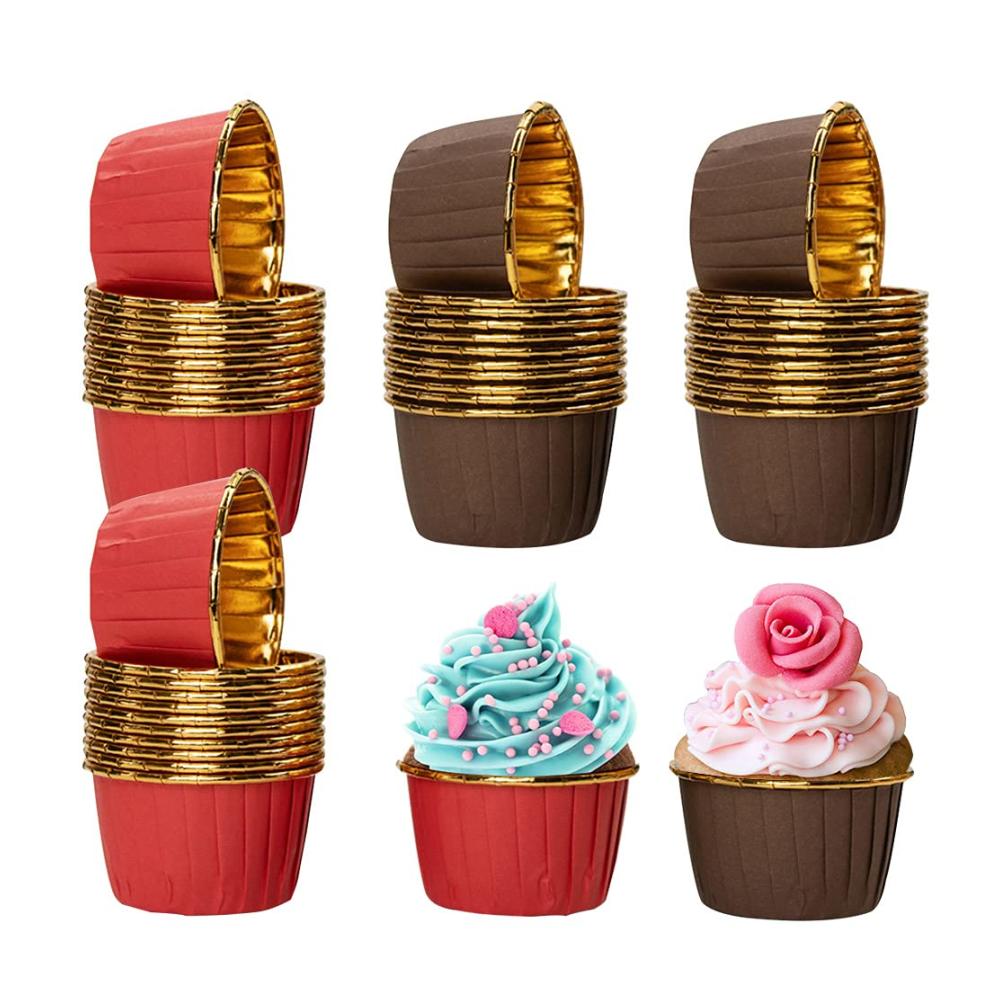 Premium Einweg-Backbecher Set 100 Stück Mini Muffins Papierförmchen aus Aluminium-Folien für perfekte Cupcakes - Ideale Cupcake Formen für Geburtstage Hochzeiten & Partys - Braun/Rot 4x7x5 cm