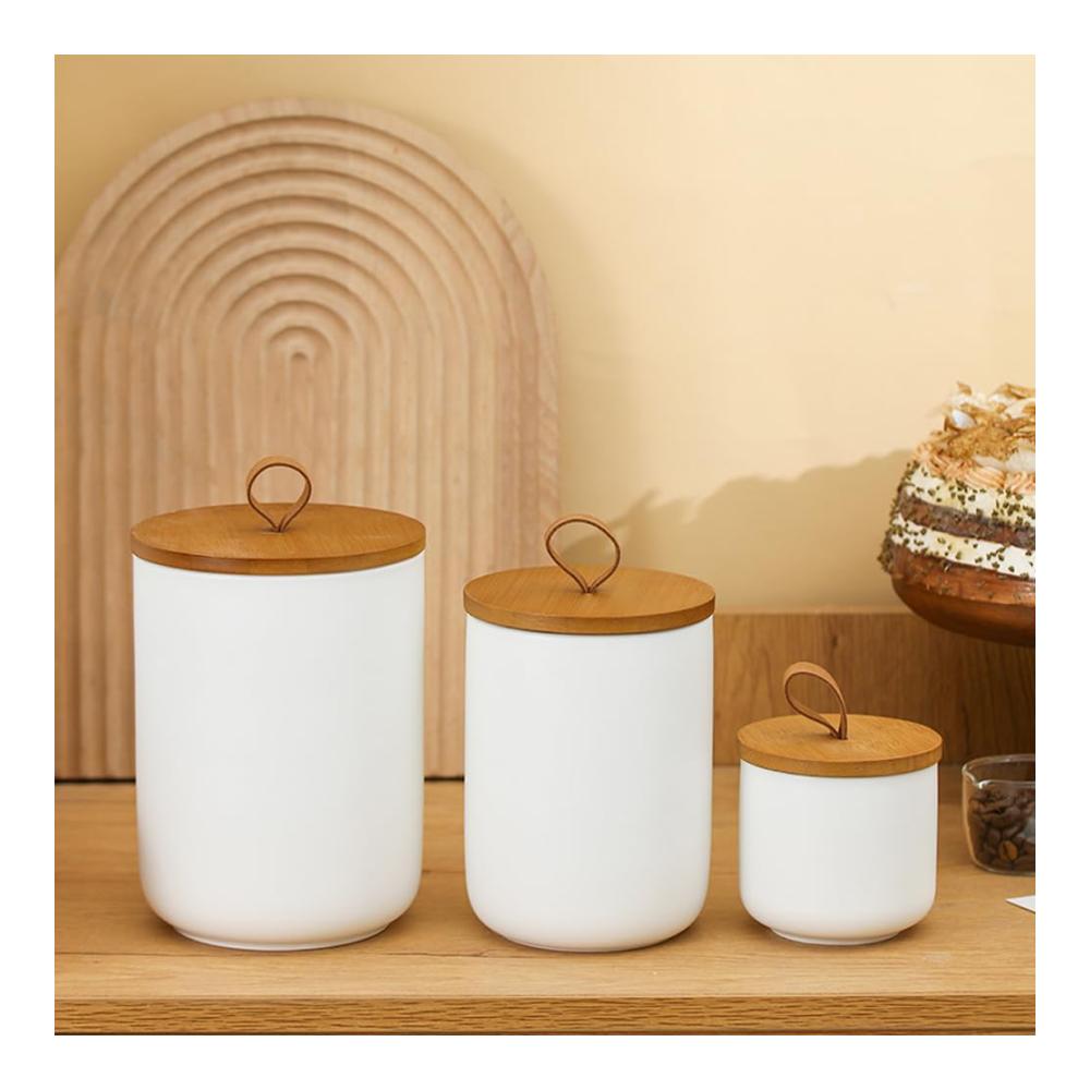 Glasbehälter & Töpfe Elegante Vorratsdosen aus Keramik mit Bambusdeckel - Tee Kaffee Zucker - Modernes Küchenzubehör-Set in Weiß (3-teilig