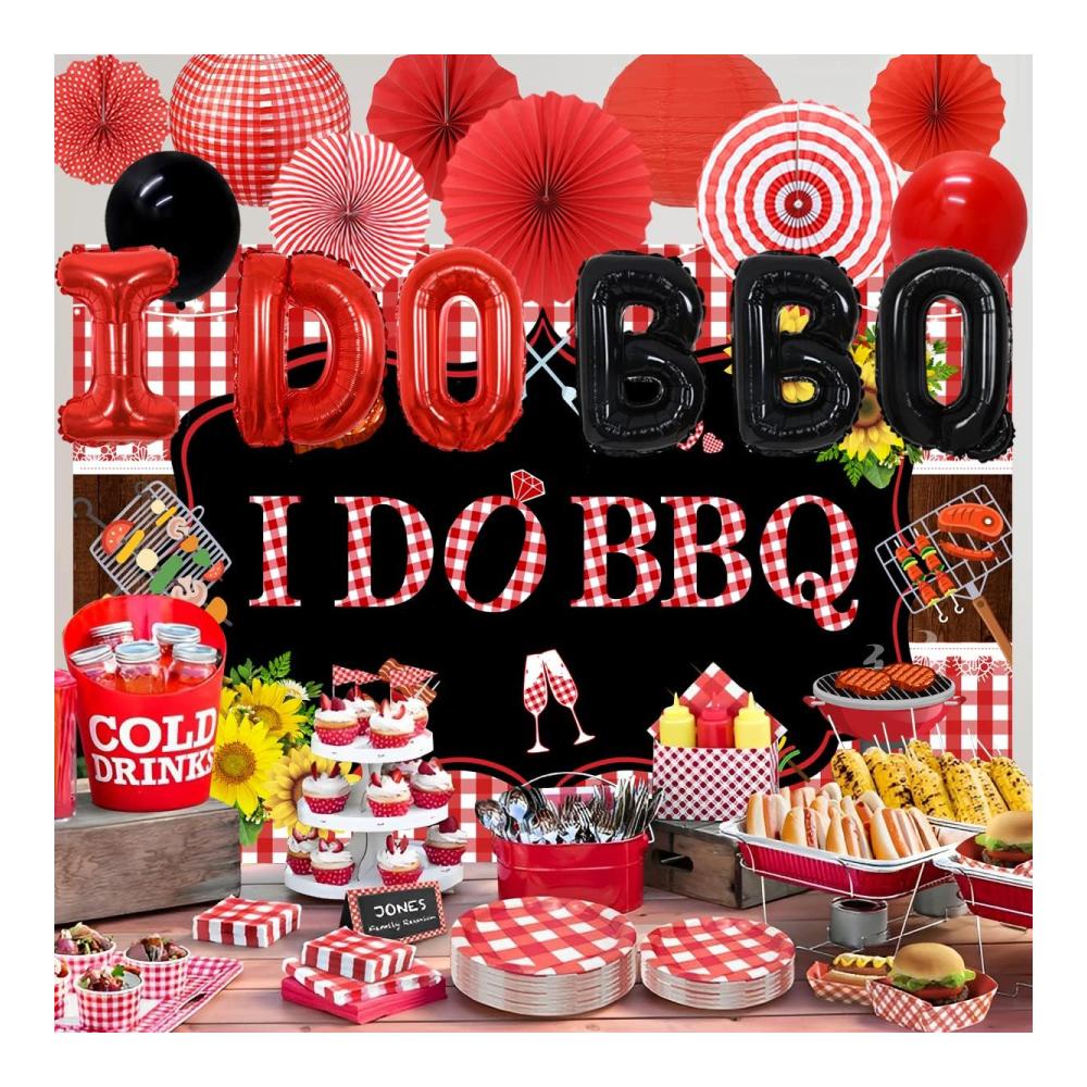 I Do BBQ Luftballon und Dekorationsset - Bachelorette-Party-Hintergrund mit Papierfächern und Picknick-Zubehör - Perfekte Dekorationen für Ihre Grillparty