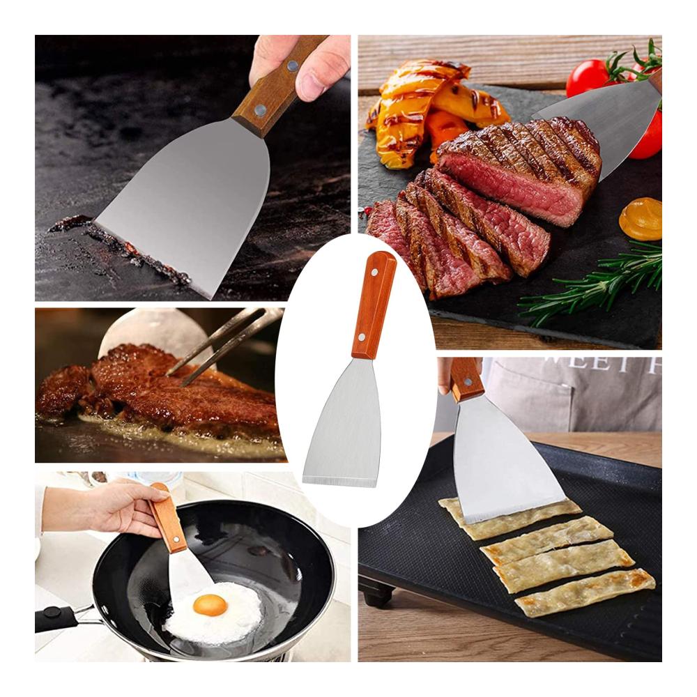Grillspachtel Set aus Edelstahl - 3-teilig | Robuste Spachtel für Grillen Teppanyaki & Reinigung | Mit Holzgriff und Schaber | Hochwertiges Grillwerkzeug für Profis und Hobbyköche