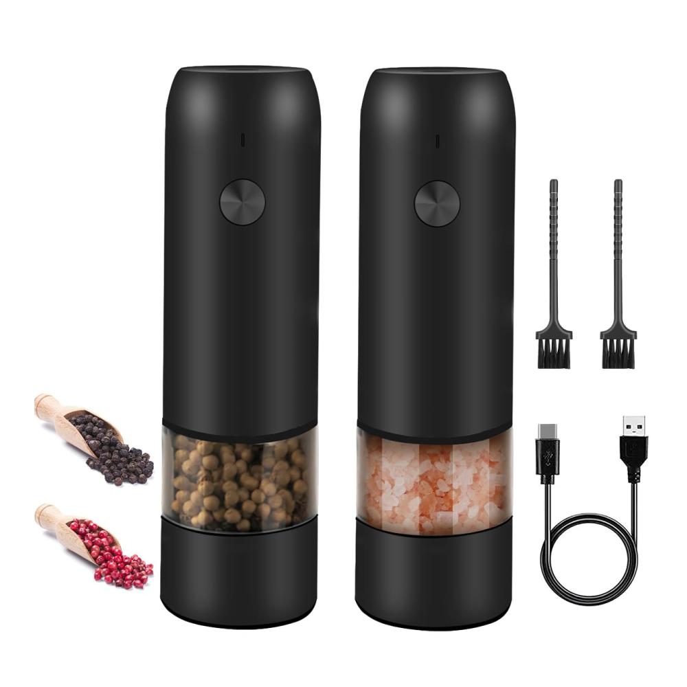 Braoses Elektrische Pfeffermühlen Set USB Aufladbar - Automatischer Betrieb LED-Licht Einhandbedienung - Keramikmahlwerk Verstellbare Grobkörnigkeit - Modernes Design für Küche und Tisch