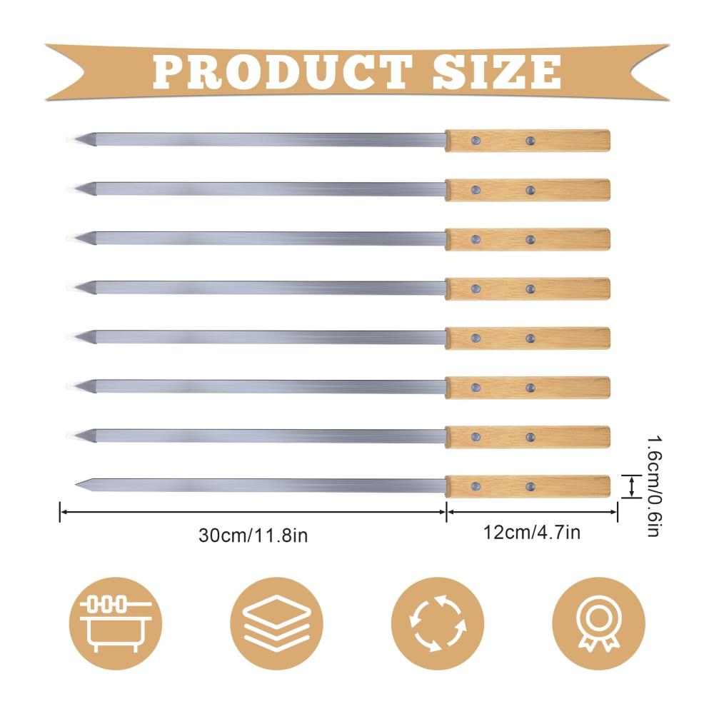 Hochwertige Grill- & Schaschlikspieße 8er-Set mit 42 cm Flachprofil Buchenholzgriffen. Ideal für Adana türkische Kebab und lange Fleischspieße. Inklusive praktischer Tasche