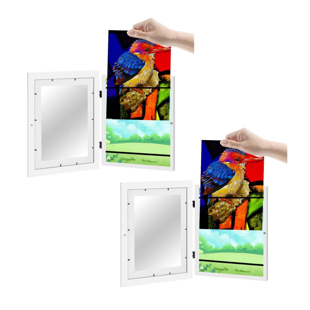 Erstellen Sie kreative Kunstwerke mit Longzhuo 2 hölzernen aufklappbaren Bilderrahmen für Wand & Tisch - Befüllbare Frontöffnung für Kinderkunst bis max. A4 - Weiß 2-Packung für stilvol