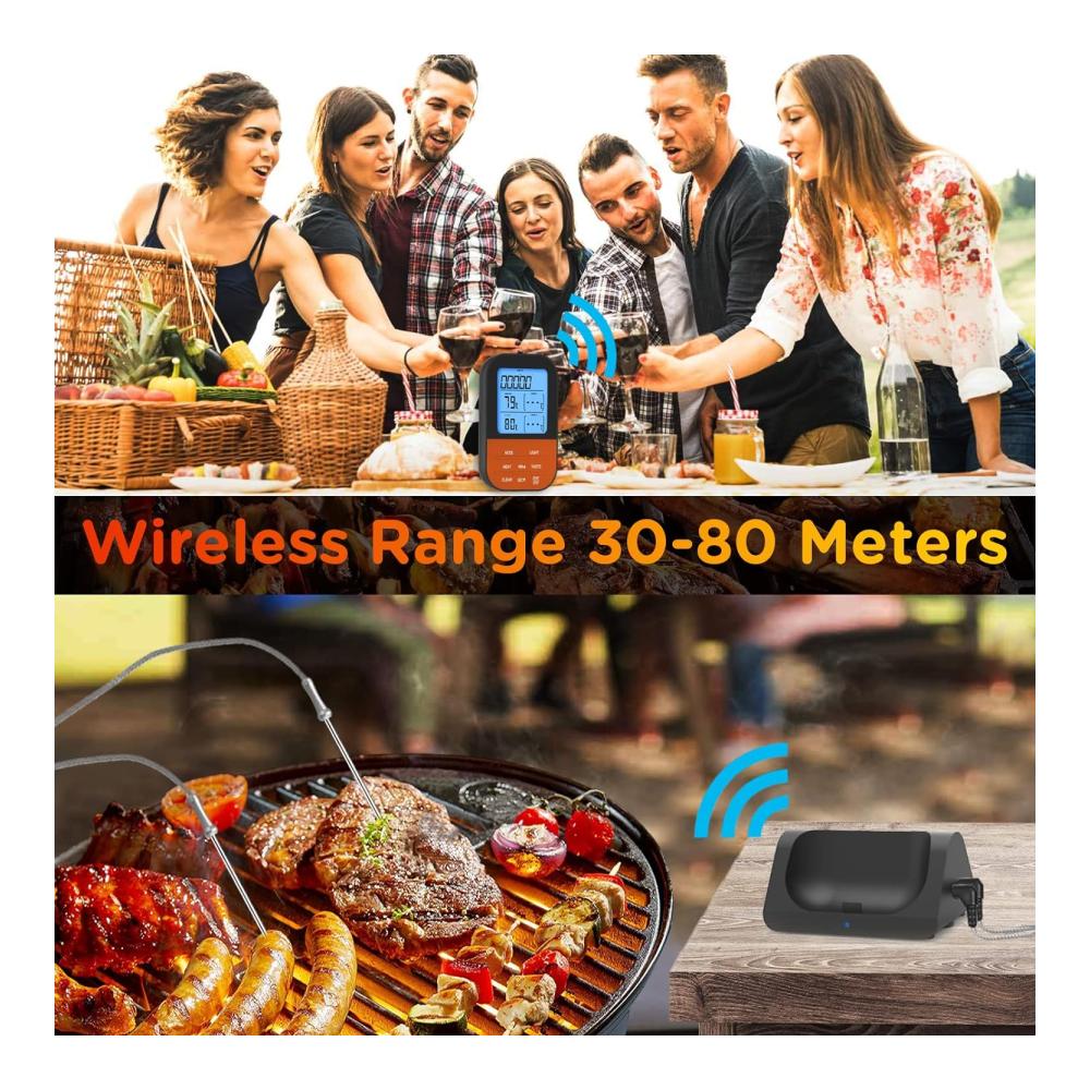 Digitales Bratenthermometer mit Timer kabellos LCD-Display und 2 Sonden für BBQ Grill und Backofen - Fleischthermometer für perfekte Kerntemperatur - Grillzubehör inklusive Funktechn