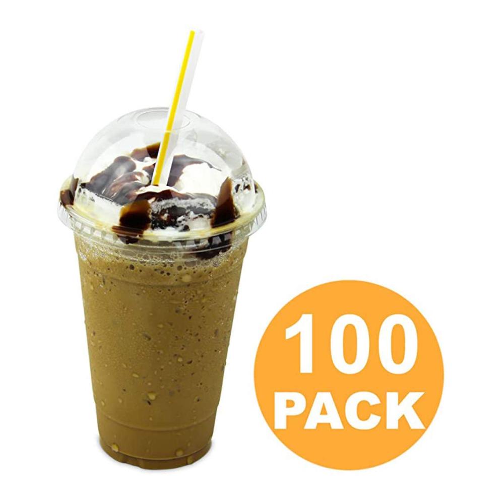 Hochwertige Smoothie-Becher 100 Stück | 450ML Transparent mit Domdeckel & Rundloch | Ideal für Limonade Eiskaffee Cocktails & mehr | Praktisch für Zuhause und Unterweg