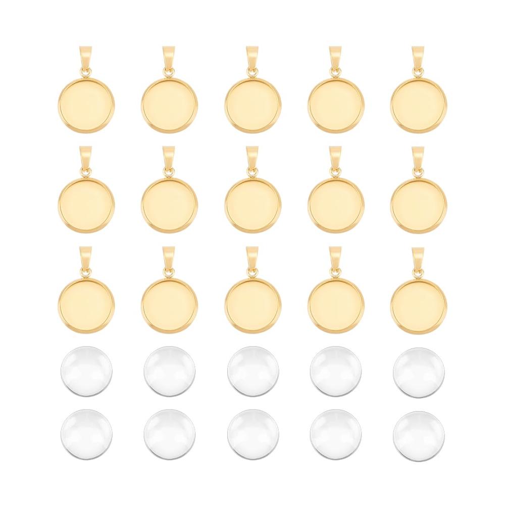 Entdecken Sie Kreativität 30 Edelstahl Rohling Kuppelanhänger im Goldenen DIY Schmuckherstellungs-Set - Flache Runde Formen mit Glatten Rändern und Einfassungsbechern. Inklusive Glas Cabochons und Tabletts für individuelle Foto Anhänger. Perfekt für einzigartigen Schmuck