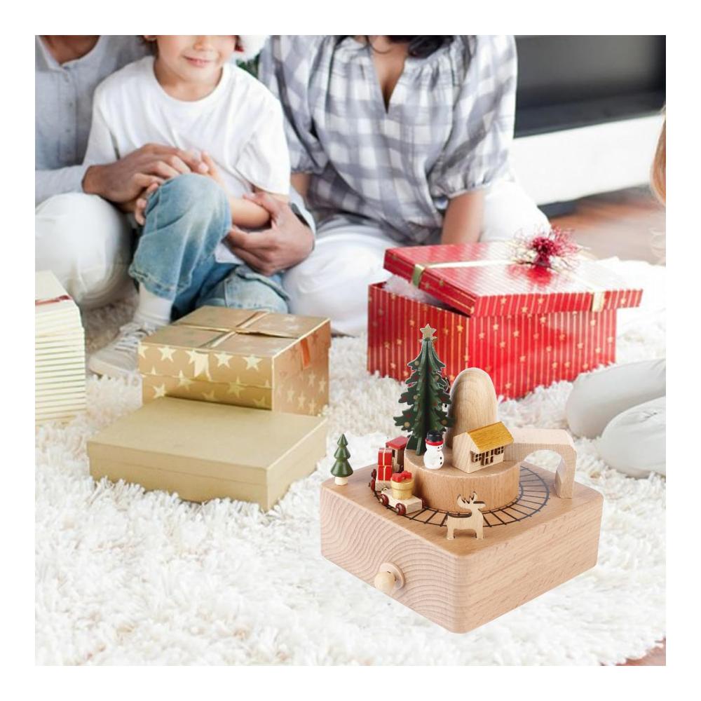 Handgefertigte Weihnachts-Spieluhr aus Buchenholz 14.5 * 13 * 18.5 cm - Spieluhr spielt fröhliche Weihnachtslieder mit drehbarem Zug - Kreatives Weihnachtsgeschenk für Weihnachten und Neuj