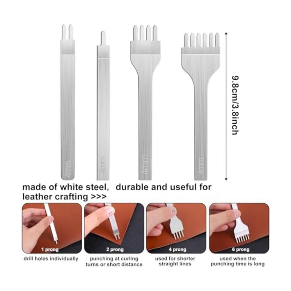 Exklusives 14-teiliges Lederbearbeitungsset Hochwertige 4 mm 1/2/4/6 Zinken-Lederstanze & Nähnadeln mit großem Öhr. Perfekt für Anfänger im Handwerk. Langlebiges Werkzeug für präzise Näharbeiten