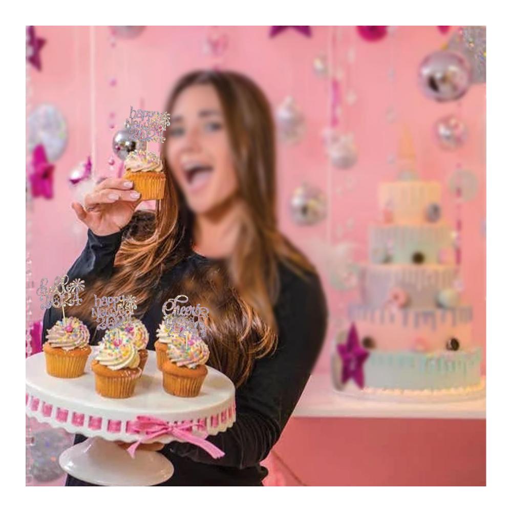 Tortendekorationssets für Silvester 2024 - Glitzernde Cupcake-Topper mit Feuerwerk und Neujahrsgrüßen - Perfekte Partydekorationen für das Feiern bis 2024