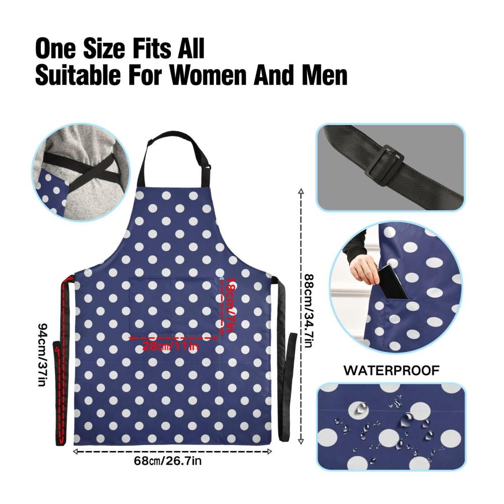 Hochwertige Wasserdichte Kochschürze mit Tasche - Marineblau-Weiß Polka Dots Design - Verstellbar für Damen und Herren - Ideal für Küche Grillen und Gartenarbeit