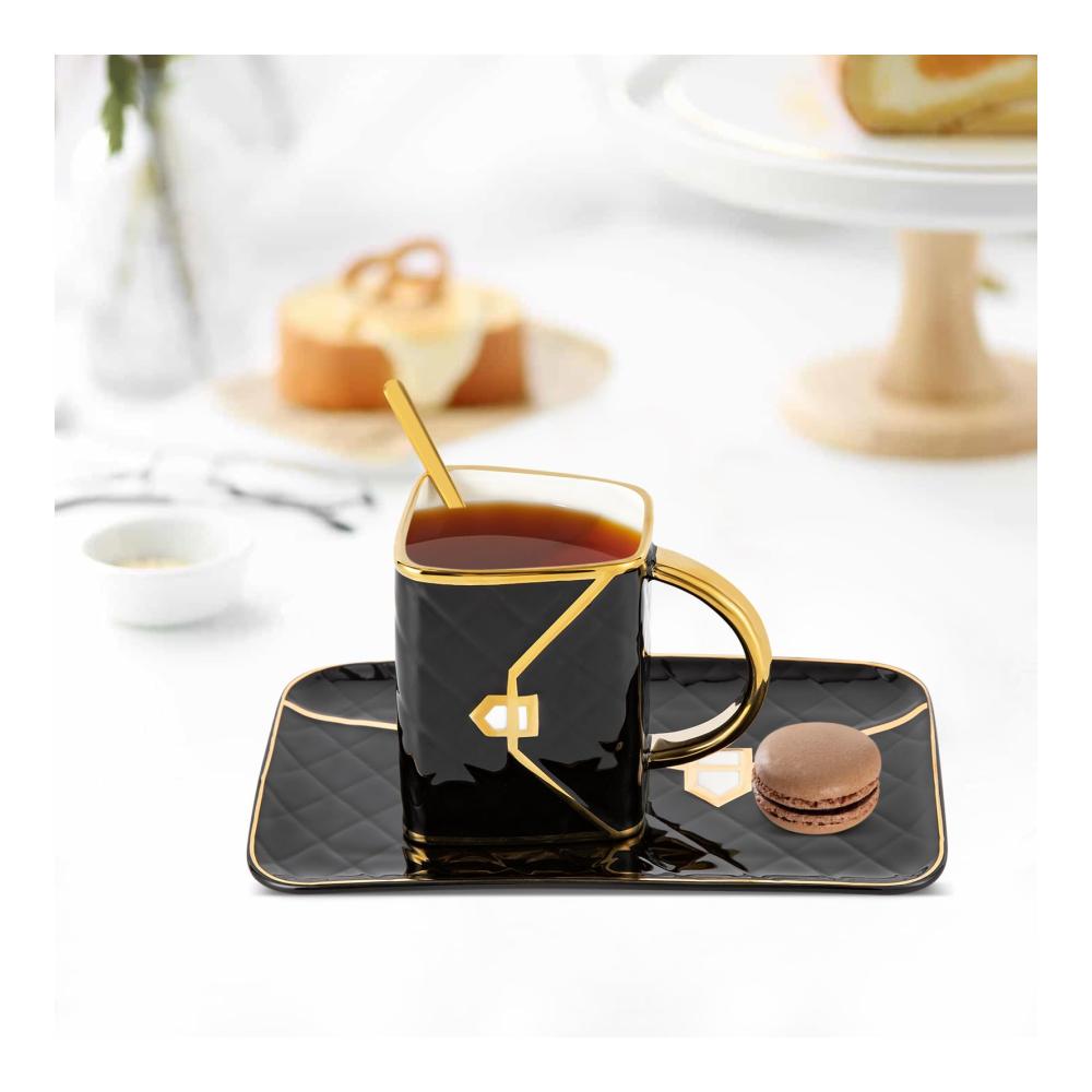 Luxus Cappuccino Tassen Untertassen Set mit Löffel - 310ml Handtasche Design Porzellan & Keramik für Kaffee & Tee Schwarz & Gold