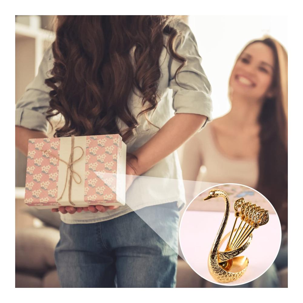 Exquisites Besteckset Goldene Kaffeelöffel und Dessertlöffel mit elegantem Schwan-Design - Perfekt für besondere Anlässe und Dekorationen - Hochwertiges Edelstahl 6-teiliges Obstg