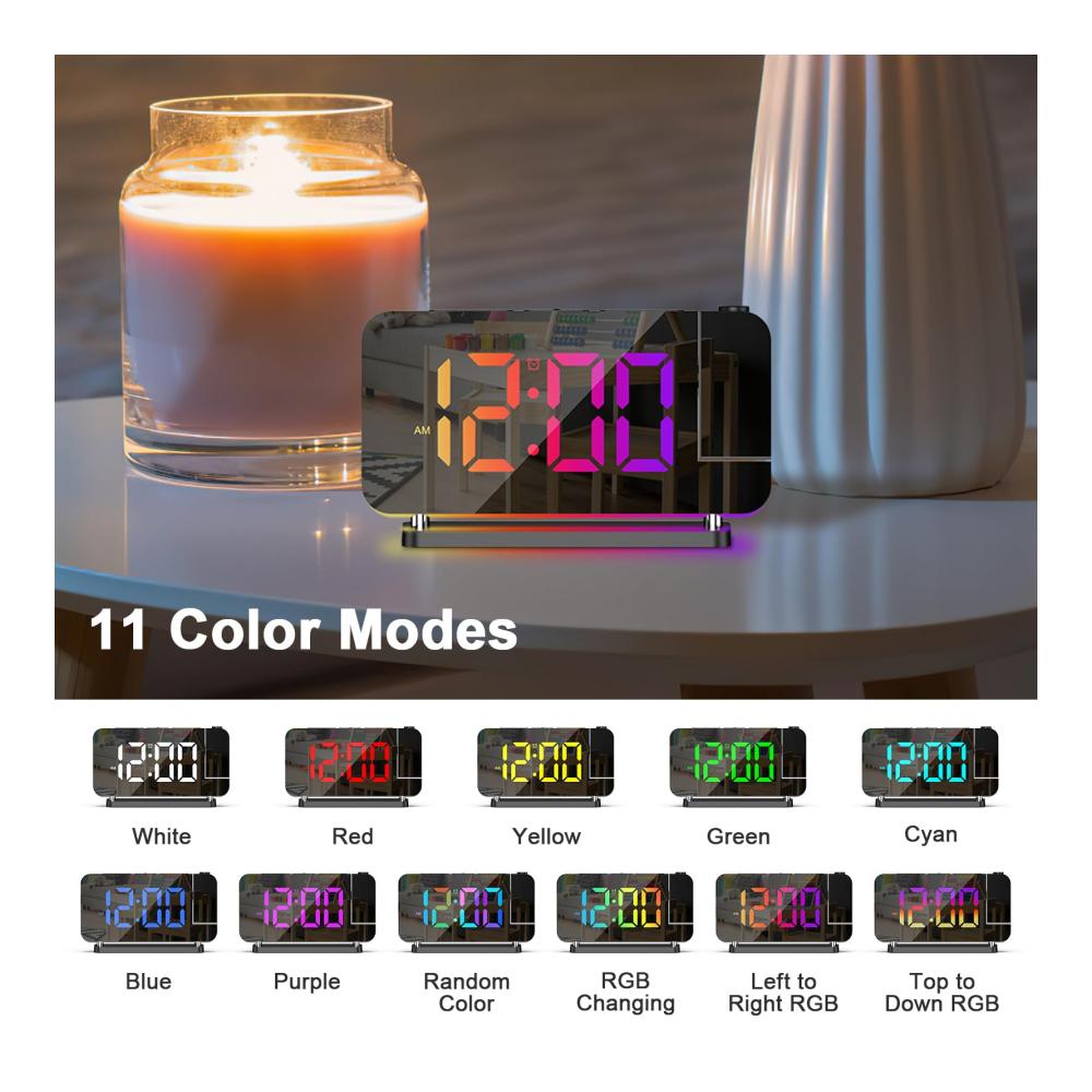 Hightech-Projektionswecker mit 180°-Projektion & 10-Farben-Nachtlicht | Digitale Uhr mit 7 RGB-LEDs | Snooze USB-Ladegerät |