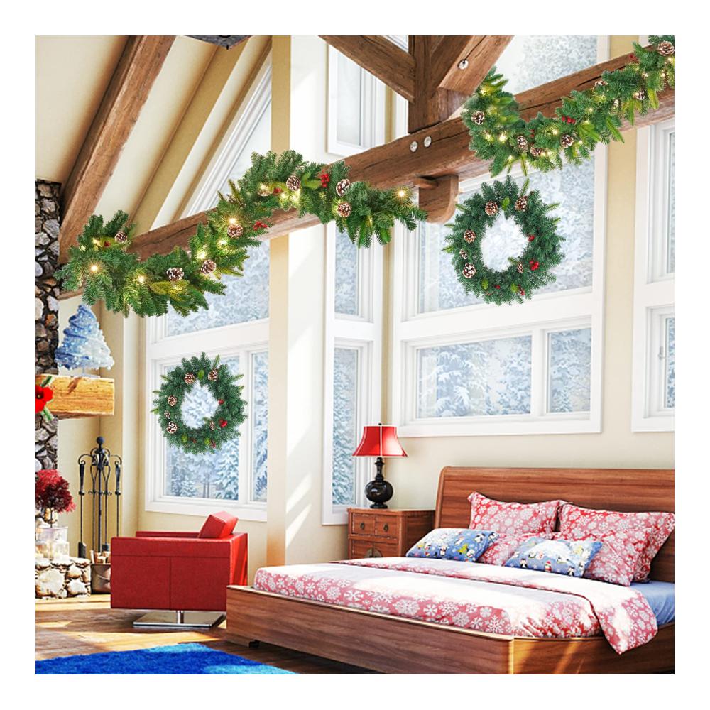 Weihnachtskranz & Tannengirlande Set - Künstliche Tannenzapfen & Rote Beeren - 50cm Durchmesser - Dekorative Weihnachtsdeko für Innen & Außen - Festliche Girlanden & Kränze für Hauswand & Tür