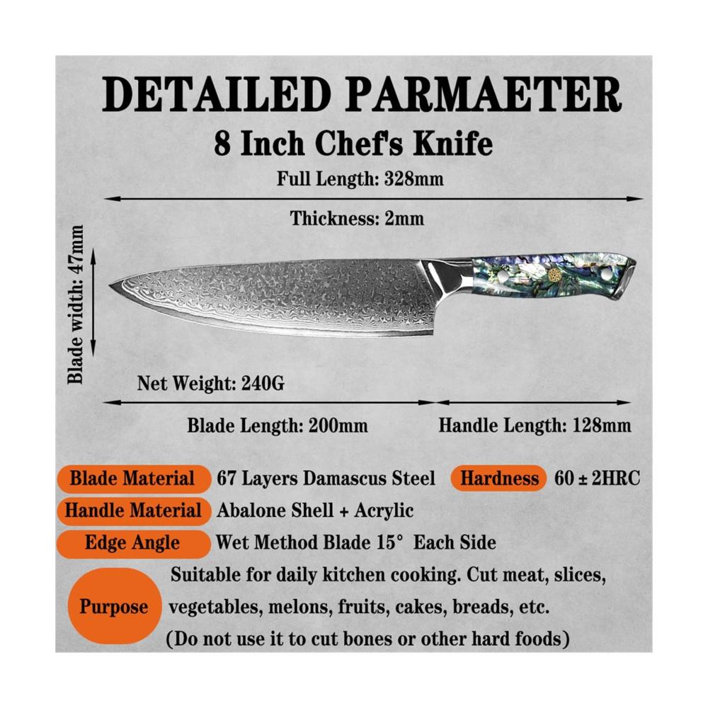 Entdecken Sie das ultimative Kocherlebnis mit unserem Professionellen 8-Zoll-Chefmesser aus hochwertigem Damaststahl VG10. Perfektionieren Sie Ihre Schnitte mit diesem scharfen Küchenmesser und erleben Sie kulinarische