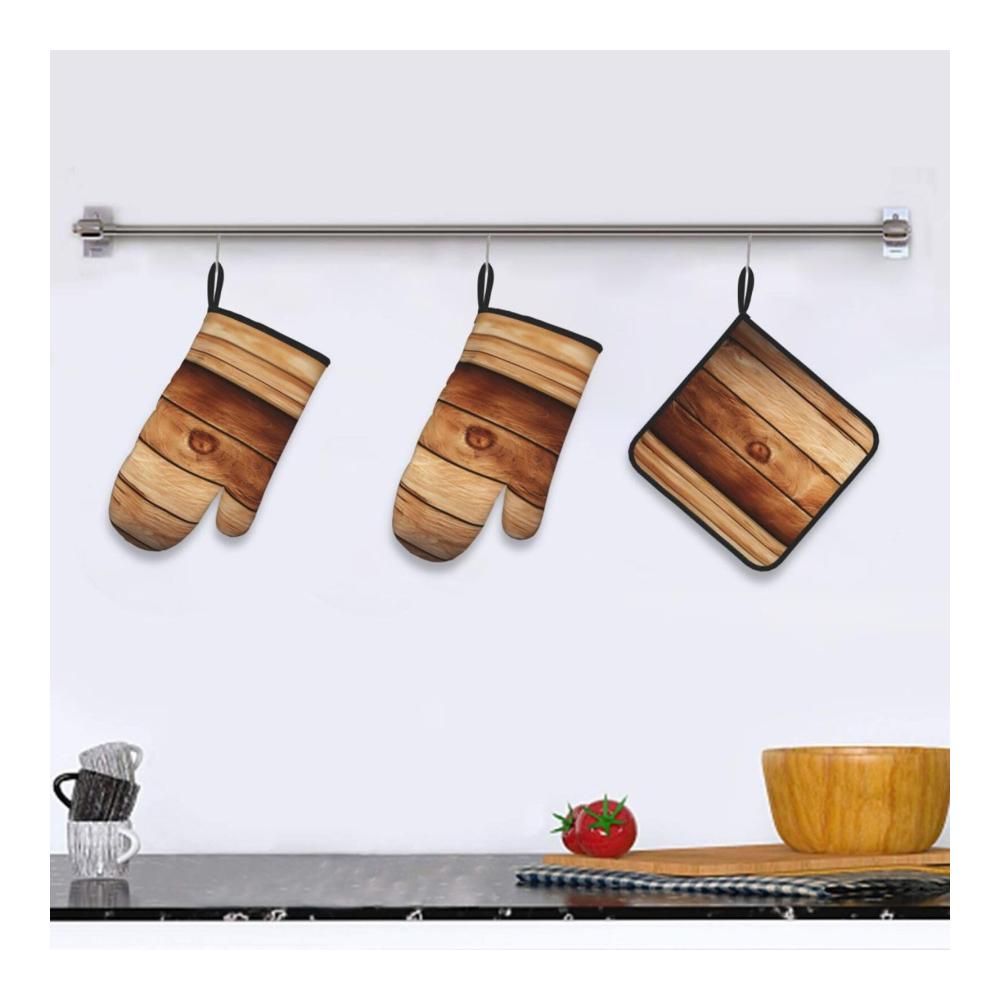 Premium Ofenhandschuhe und Topflappen aus hitzebeständigem Holz - 3er Set wasserdicht bedruckt Braun | Mit praktischer Aufhängeschlaufe | Ideales Küchenaccessoire für