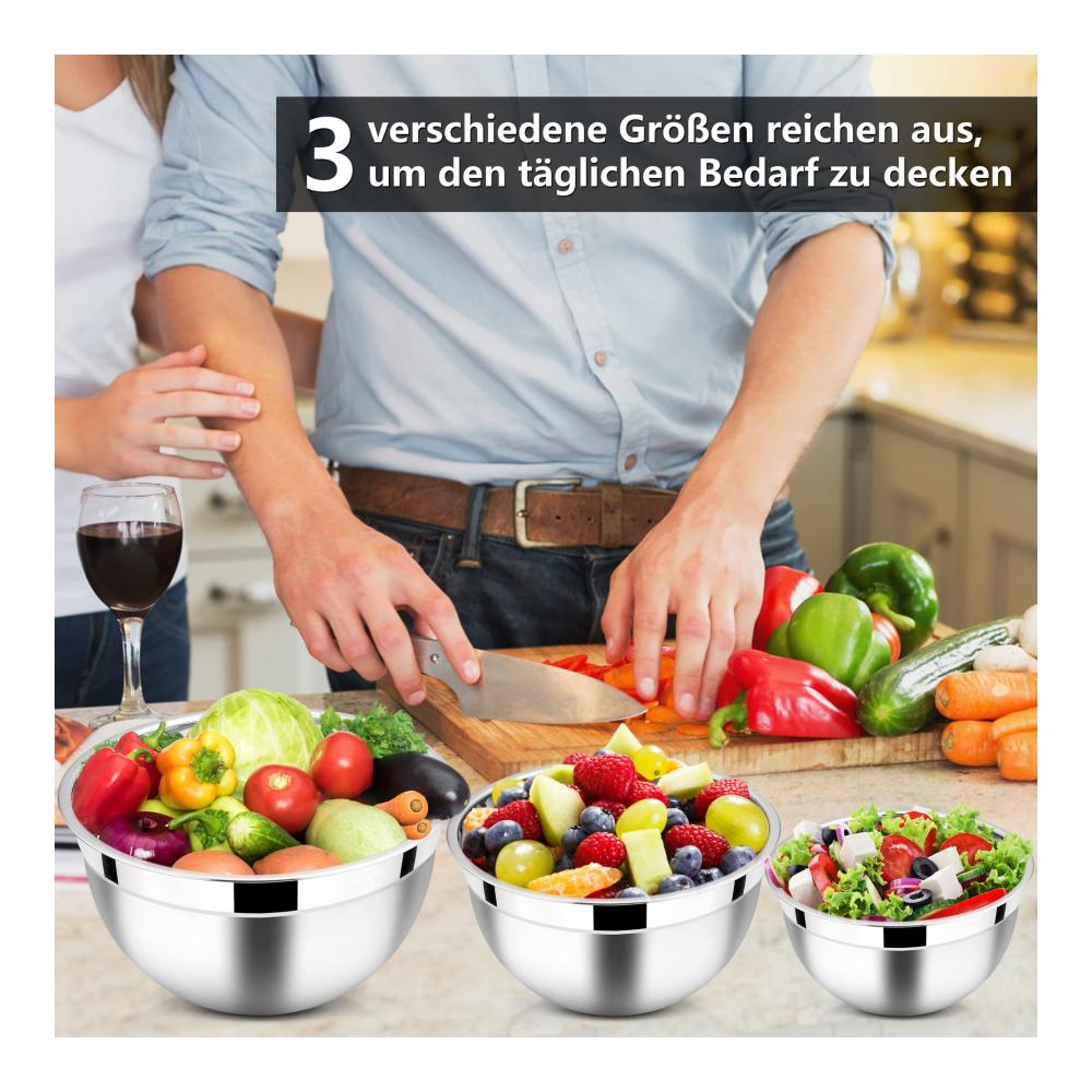 Rührschüsseln Set aus Edelstahl mit luftdichtem Deckel - Ideal zum Backen Kochen und Zubereiten - Stapelbar und Spülmaschinenfest - 3-teilig (4.5L / 2.7L / 1.5L) - Schwarz