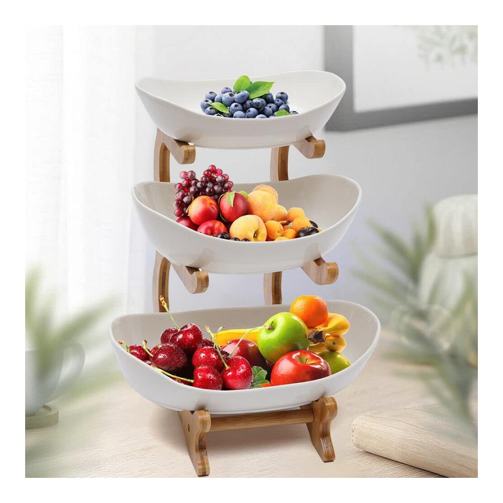 Hochwertige Obstschalen Etagere aus Keramik | 3-stöckiger Porzellan Obstteller auf Bambusholz-Ständer | Attraktiver Frucht Snack Tortenständer | Praktischer Obstkorb Stand Inhaber (weiß
