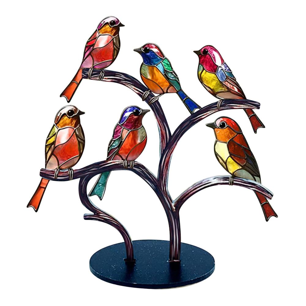 Bunte Statuen Elegante Glasvögel auf Ast - Deko für Zuhause & Büro Geschenkidee - Lebendige Tischdekoration mit 6 Vögeln