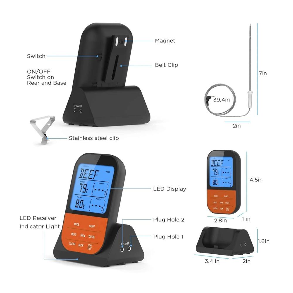 Digitales Bratenthermometer mit Timer kabellos LCD-Display und 2 Sonden für BBQ Grill und Backofen - Fleischthermometer für perfekte Kerntemperatur - Grillzubehör inklusive Funktechn
