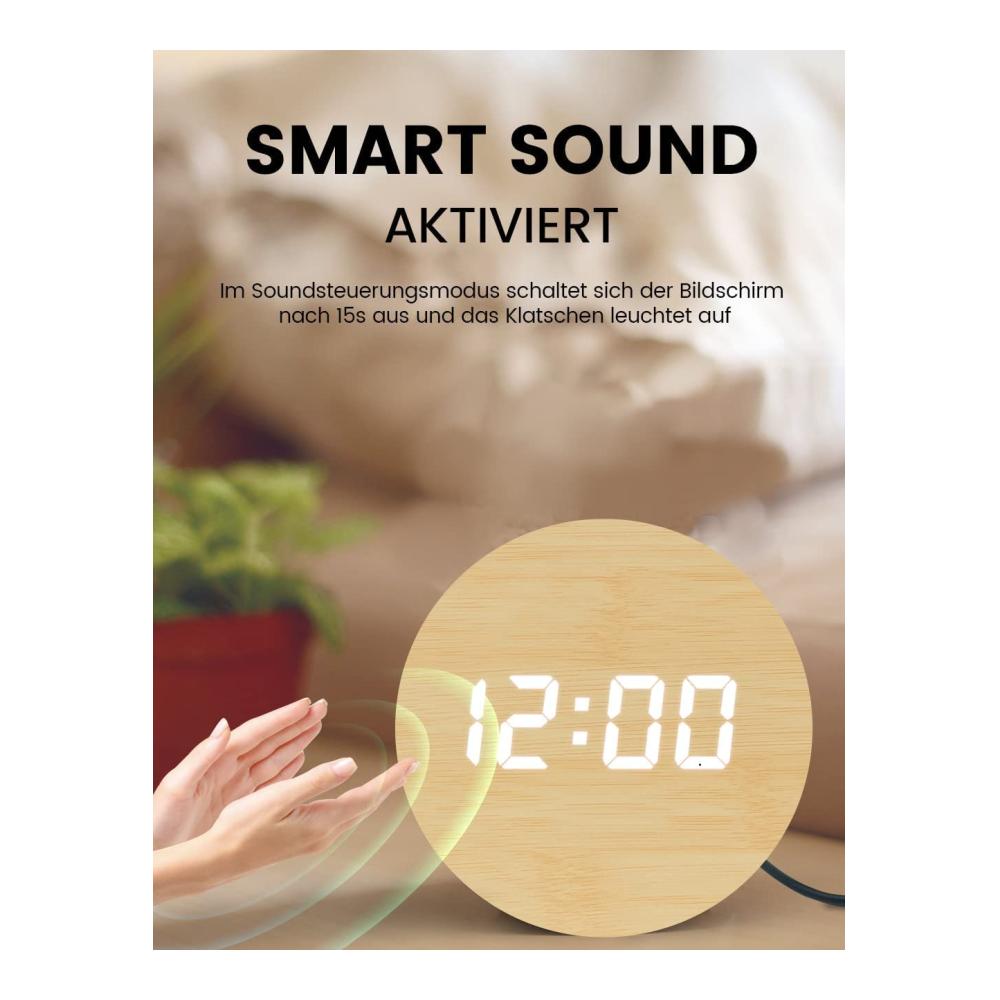 Digitale Wecker Uhr mit 3 Alarmen & Snooze LED Display mit Schallsteuerung USB-betrieben - Mini Holz Wecker für Schlafzimmer Nachttisch - Moderner Tischwe