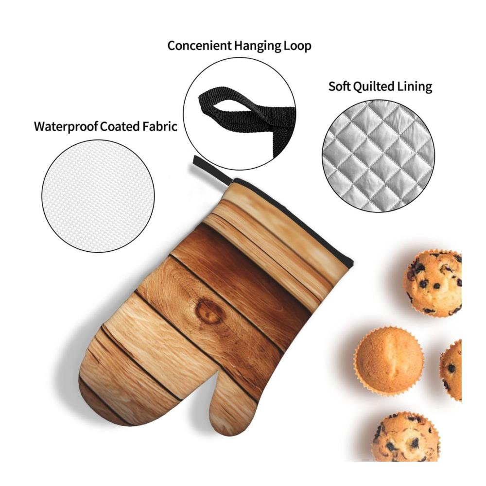 Premium Ofenhandschuhe und Topflappen aus hitzebeständigem Holz - 3er Set wasserdicht bedruckt Braun | Mit praktischer Aufhängeschlaufe | Ideales Küchenaccessoire für