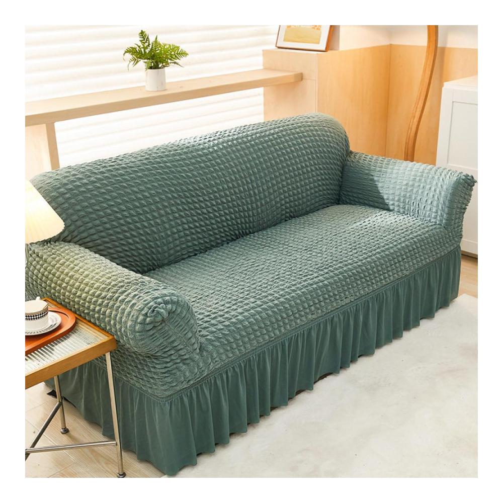 Elastischer Sofabezug mit stilvollem Rüschenrock - Schützen Sie Ihre Couch mit diesem rutschfesten Stretch-Sofaüberwurf in Grasgrün - Hussen & Auflagen für ein modernes Wohnambiente - 1 Sitz 90-140 cm