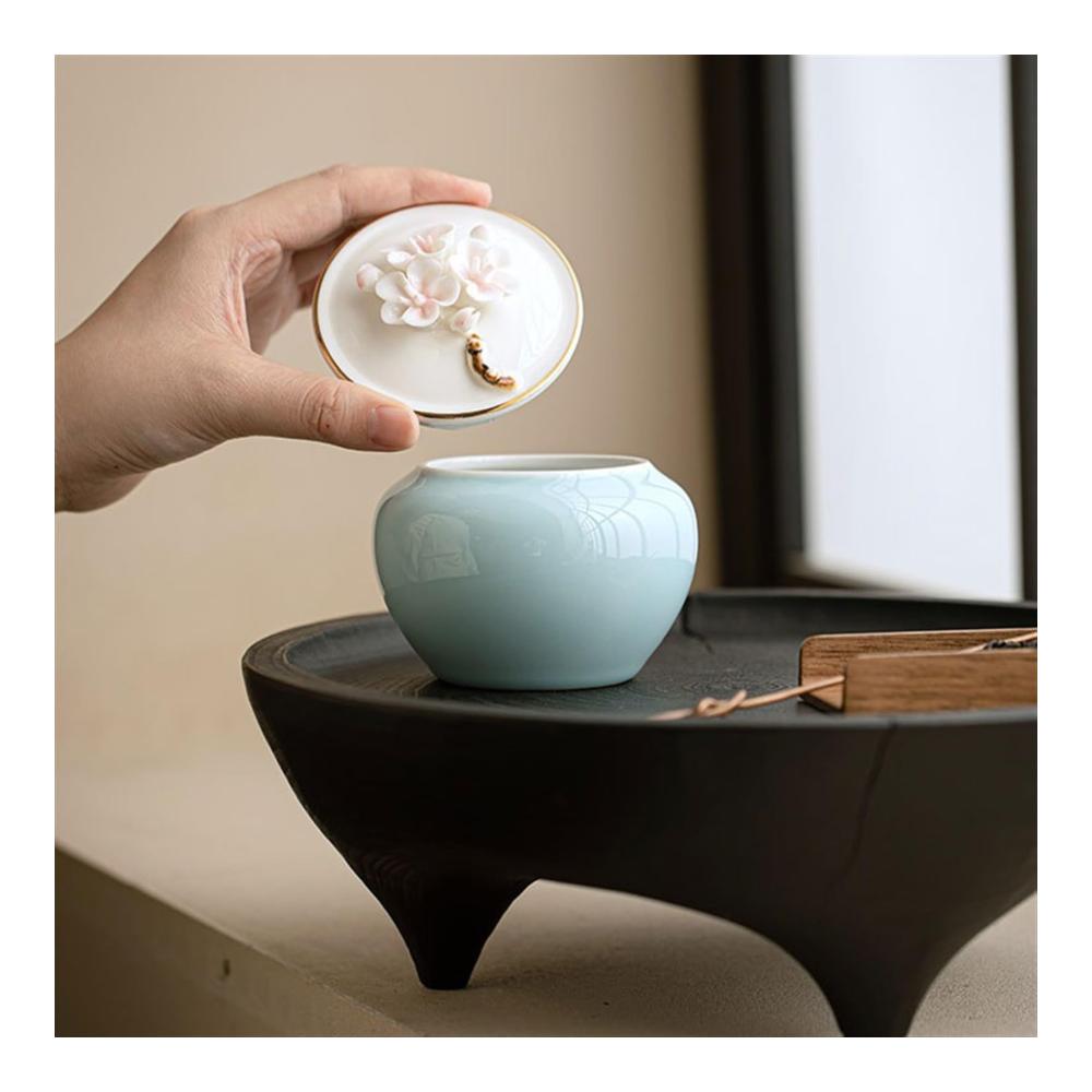 Keramik Teedose Handgefertigt - Vorratsbehälter für Tee & mehr - Multifunktionaler Tee Aufbewahrungsbehälter mit Siegelglas - Blumenmuster - Kung-Fu-Teeset