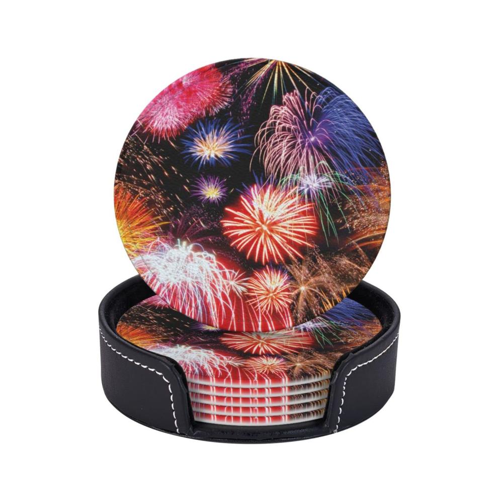 Exklusive Leder Untersetzer Set 6 Stück mit faszinierendem Feuerwerk-Design | Hochwertige runde Getränkeuntersetzer für Zuhause und Büro | Stilvoller Schutz für Ihre Oberflächen