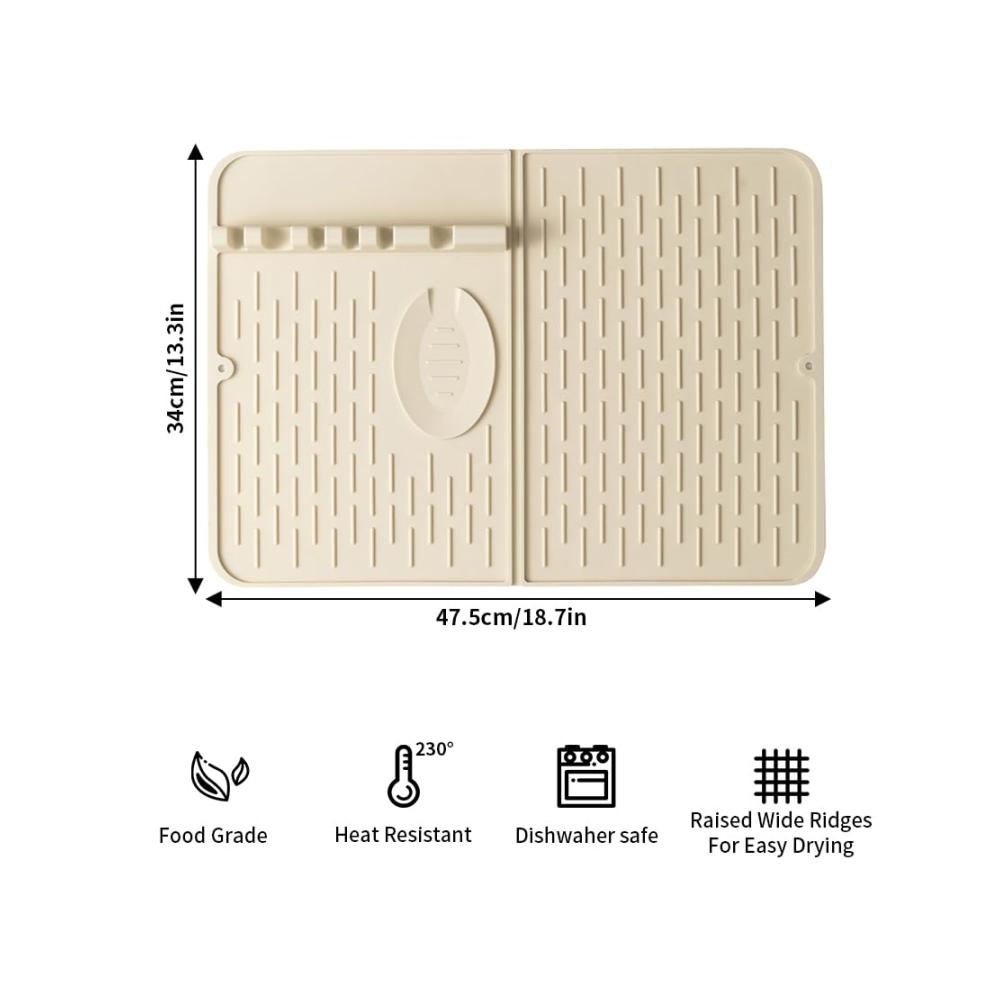Abtropfhalter & -ständer Faltbare Silikon Abtropfmatte 47x34cm Beige - Hitzebeständige Trocknungsmatte für Tisch & Küchenutensilien - Besteck