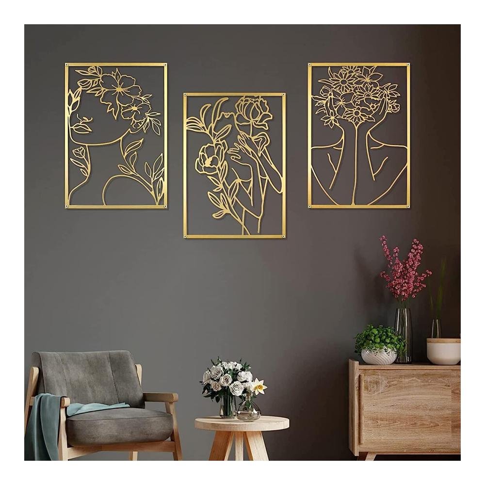Edles 3-teiliges Set Gold Wandskulpturen - Moderne Metallskulpturen Frauenkörper Wanddeko - Abstrakte Wandkunst für stilvolle Wandgestaltung und Ambiente im Wohnzimmer Schlafzimmer und Badezimmer